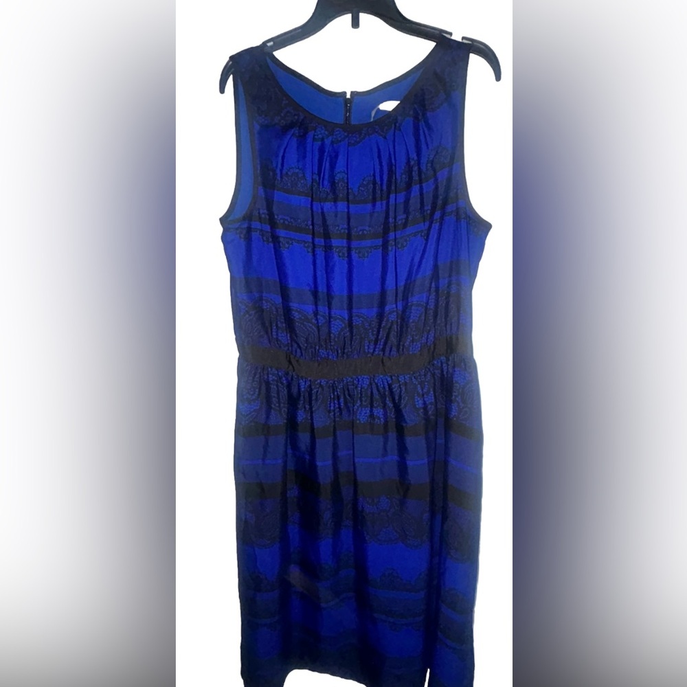 LOFT Womans Blue Black abstract Sleeveless STRETCH Summer Dress Size 10
